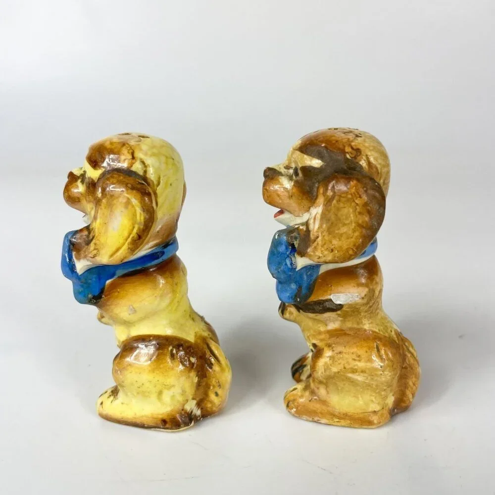 Vintage Ceramic Dog Spaniel Salt & Pepper Shakers  Blue Bows Japan 1950s